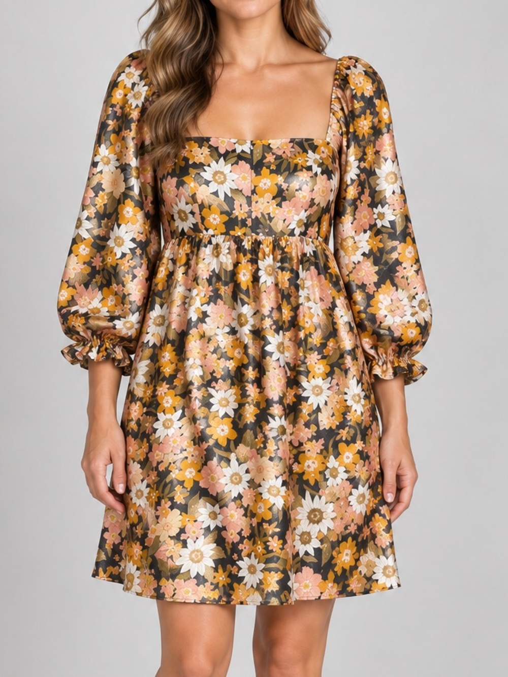 Storia Floral Shimmer Puff Sleeve Babydoll Mini Dress Small